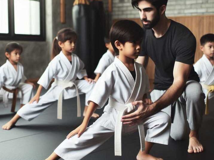 Martial arts instructor teaching kids Kali drills
