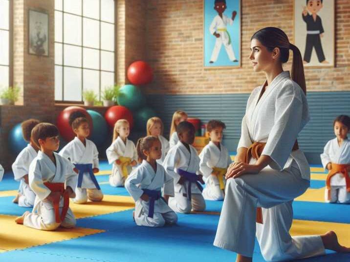 Kids training in martial arts class with instructor