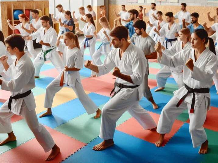 Group of beginner martial arts students practicing together in a dojo