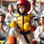 Child practicing karate with protective gear.