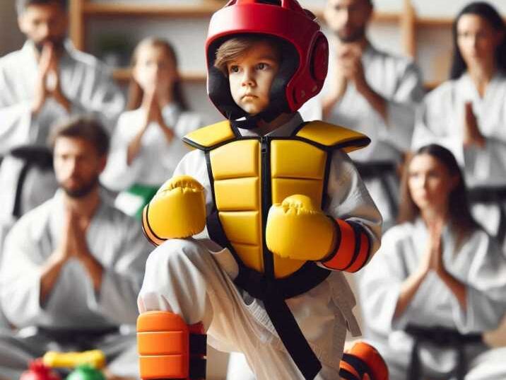 Child practicing karate with protective gear.
