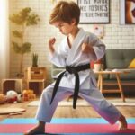 Child practicing karate at home on a soft mat.