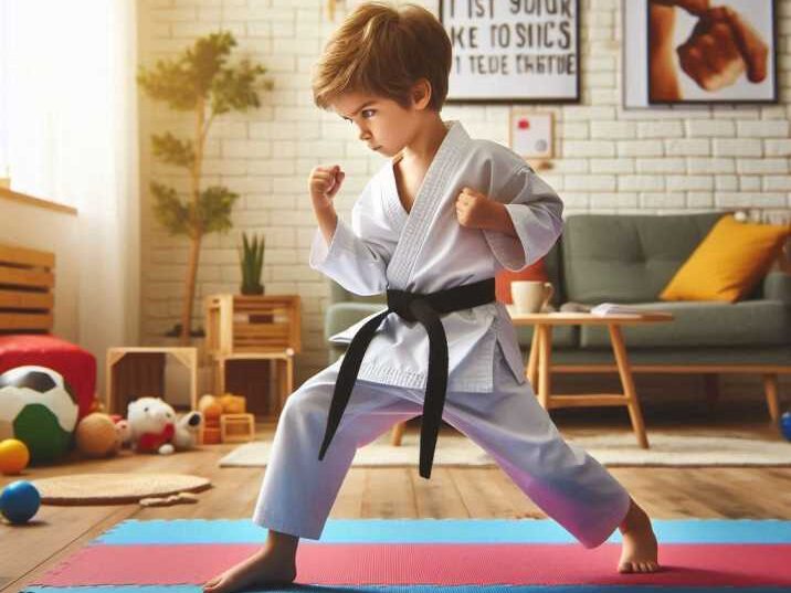 Child practicing karate at home on a soft mat.