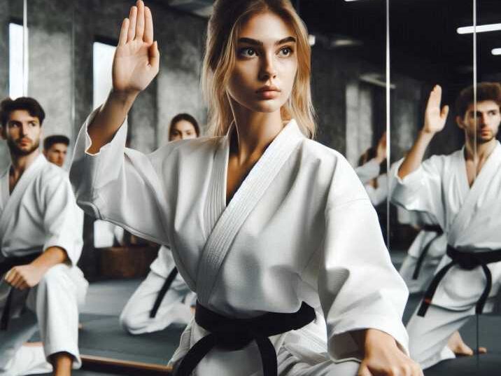 Woman practicing martial arts in class