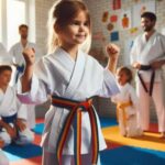 Child practicing karate in a martial arts class