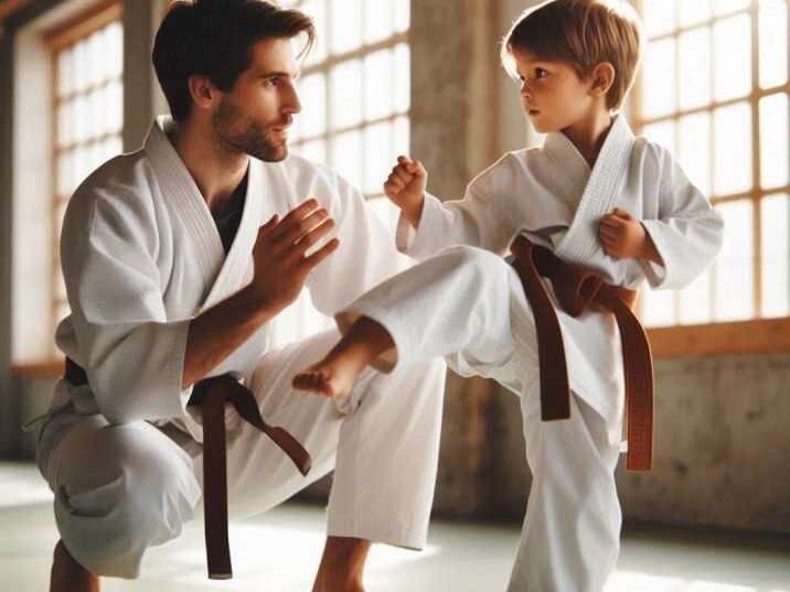 Parent supervising a child’s who is focusing Teach Yourself Martial Arts at Home
