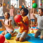 Kids playing dodgeball safely in a school gym