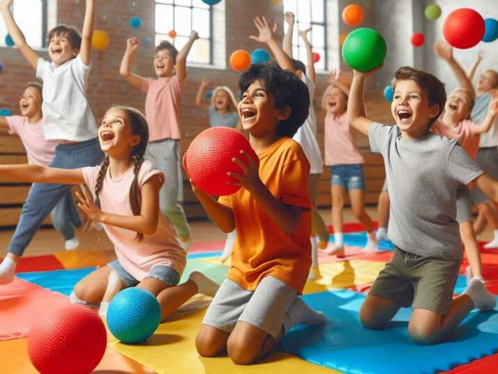 Kids playing dodgeball safely in a school gym