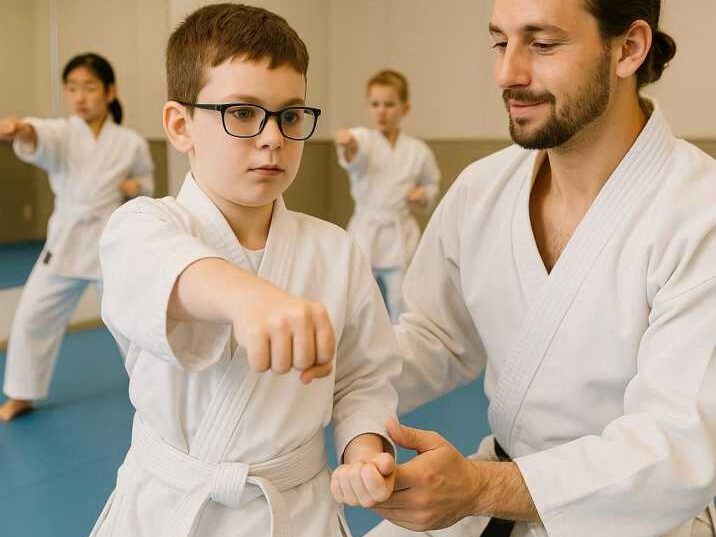 Autistic child practicing karate with instructor guidance